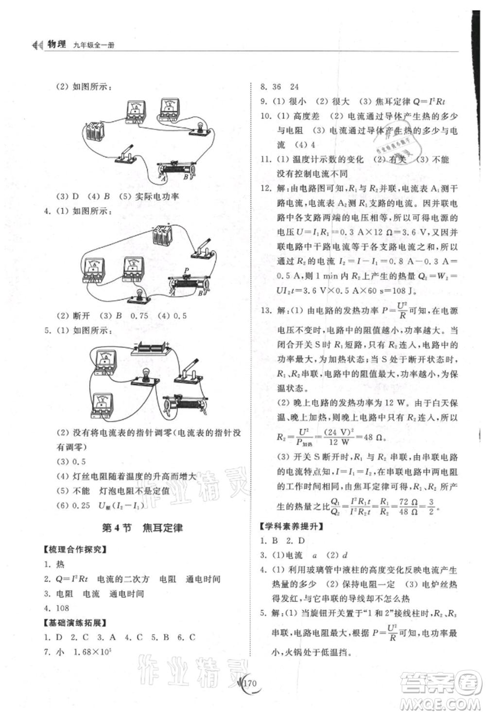 山東科學(xué)技術(shù)出版社2021初中同步練習(xí)冊(cè)九年級(jí)物理人教版參考答案