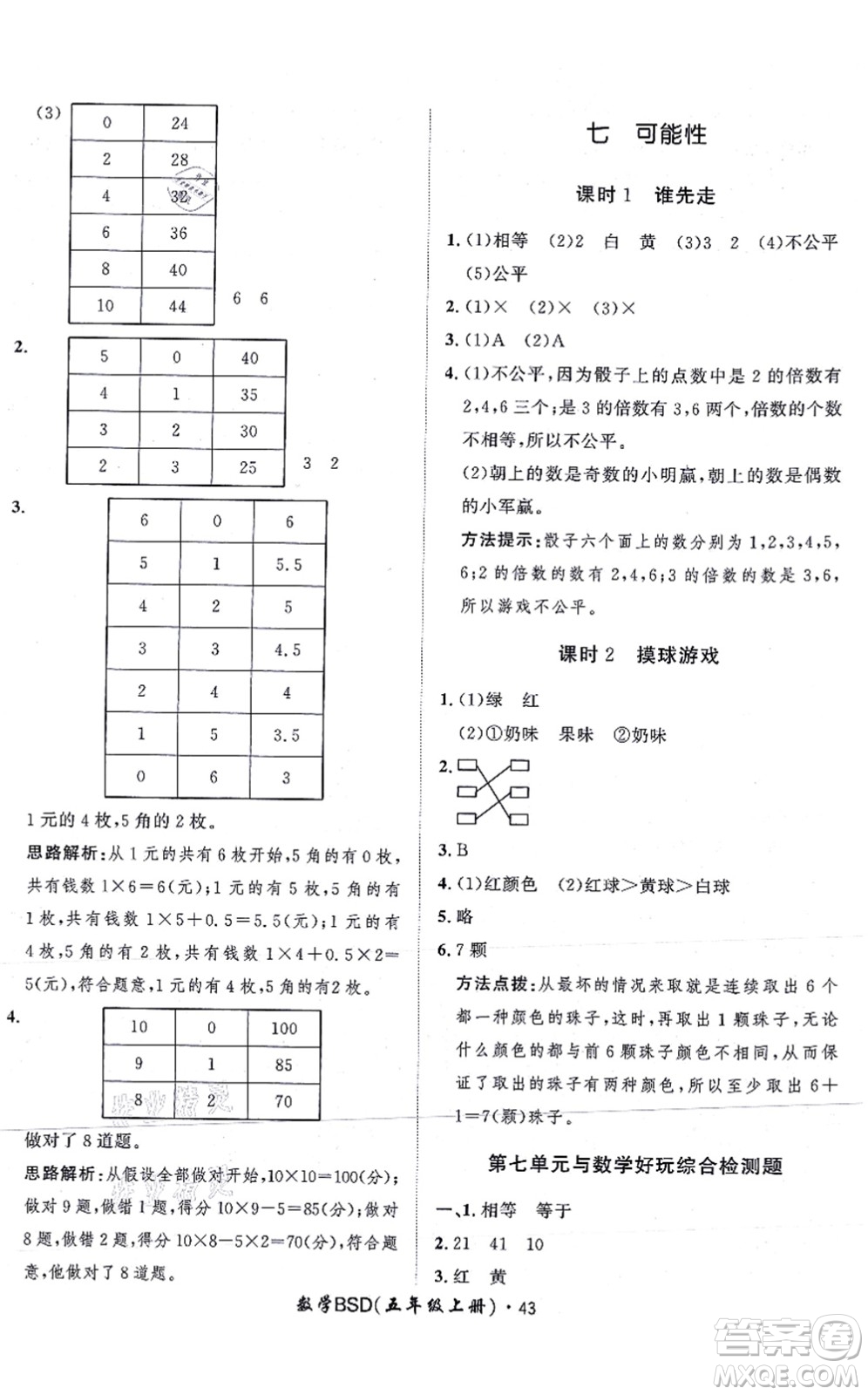 吉林教育出版社2021黃岡360度定制課時五年級數(shù)學(xué)上冊BSD北師大版答案