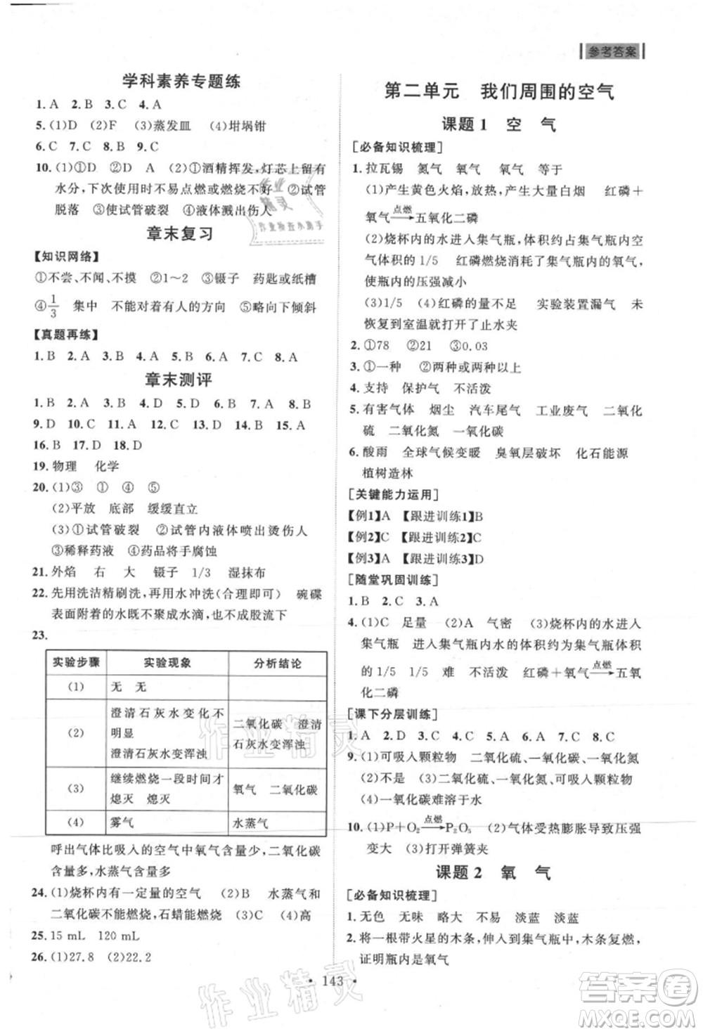 山東人民出版社2021初中同步練習冊九年級化學上冊人教版參考答案