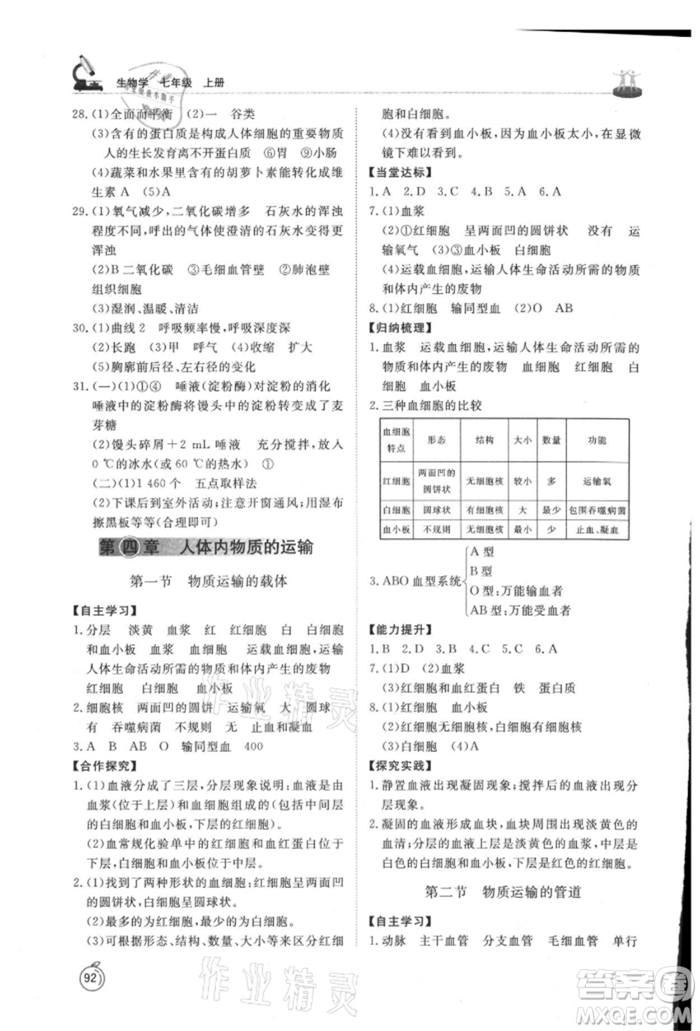 山東友誼出版社2021初中同步練習冊五四制七年級生物上冊魯科版參考答案