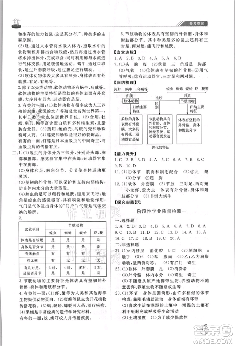 山東友誼出版社2021初中同步練習冊五四制八年級生物上冊魯科版參考答案