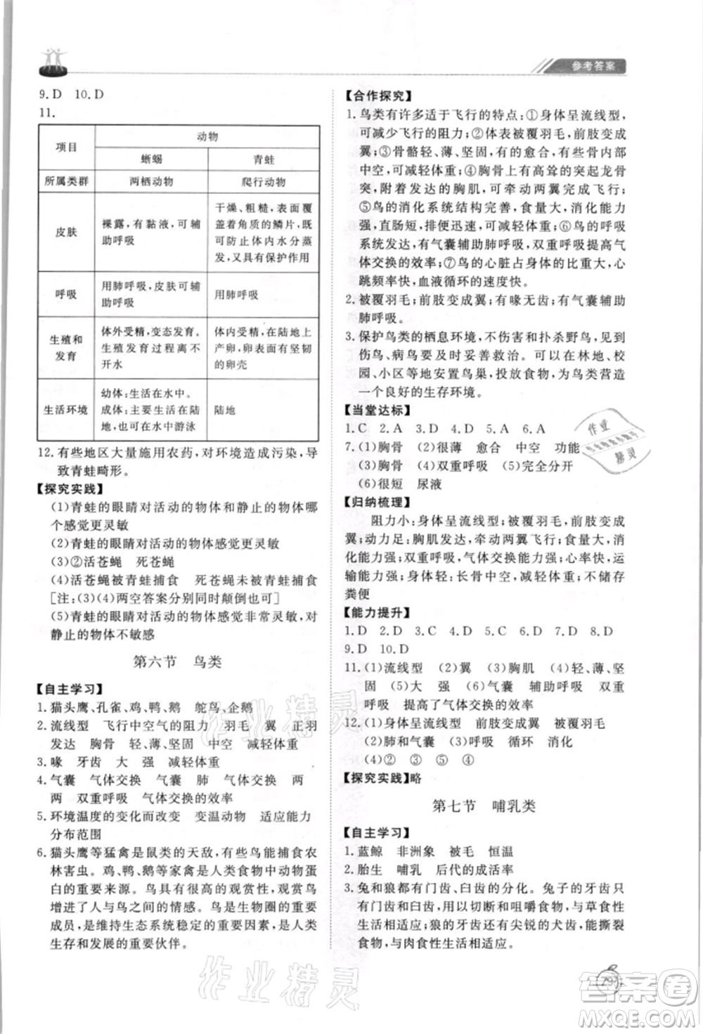 山東友誼出版社2021初中同步練習冊五四制八年級生物上冊魯科版參考答案