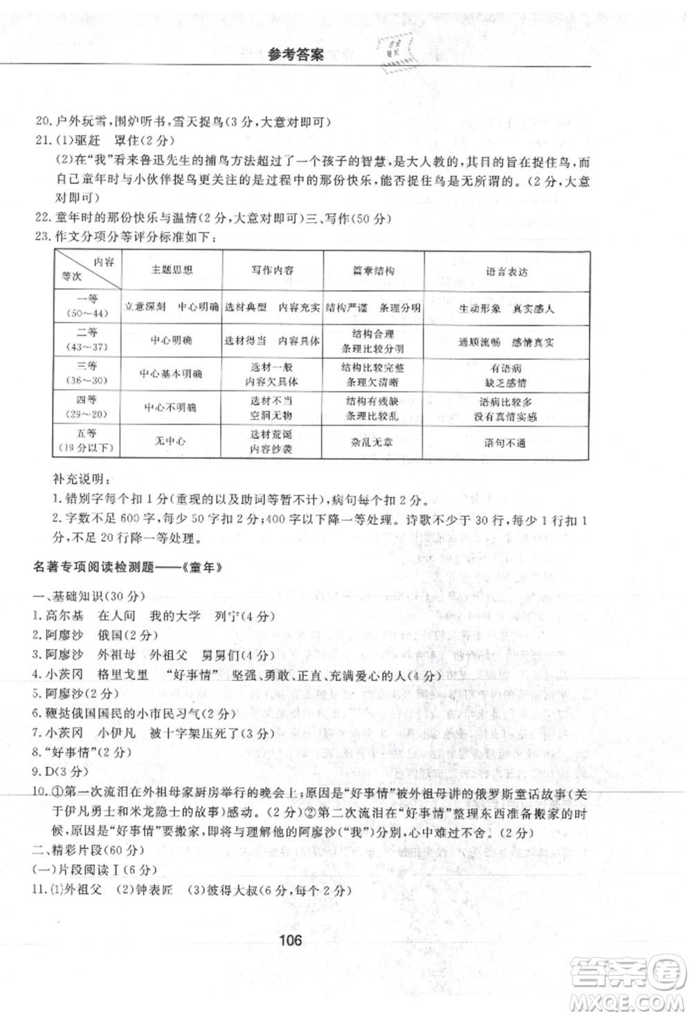 明天出版社2021初中同步練習(xí)冊(cè)配套檢測(cè)卷五四學(xué)制六年級(jí)語文上冊(cè)人教版參考答案