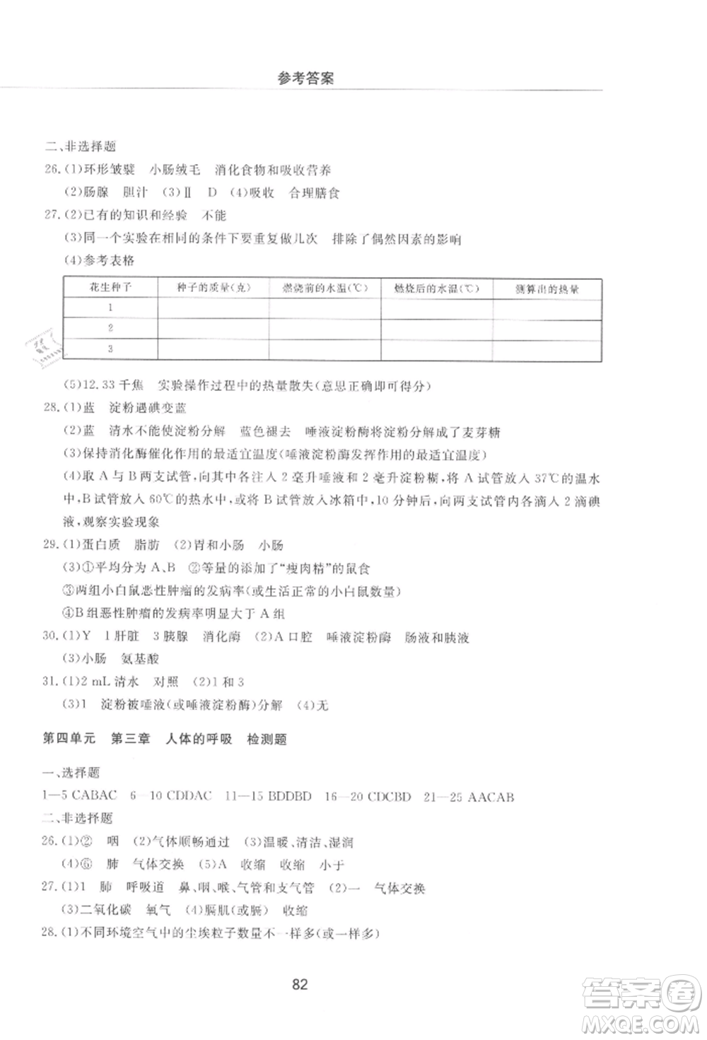 明天出版社2021初中同步練習(xí)冊配套檢測卷五四學(xué)制七年級生物上冊魯科版參考答案