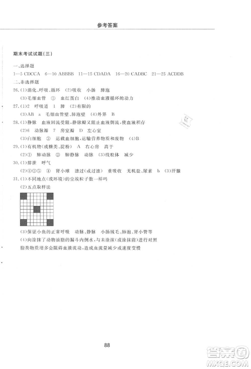 明天出版社2021初中同步練習(xí)冊配套檢測卷五四學(xué)制七年級生物上冊魯科版參考答案