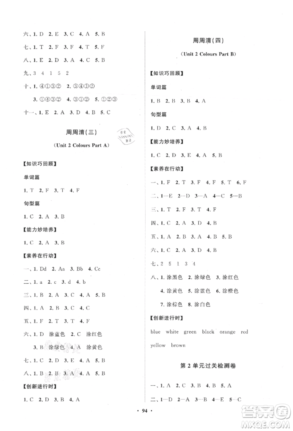 山東教育出版社2021小學同步練習冊分層卷三年級英語上冊人教版參考答案