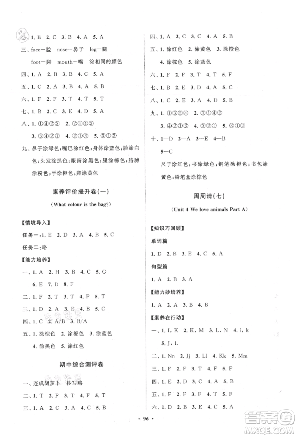 山東教育出版社2021小學同步練習冊分層卷三年級英語上冊人教版參考答案