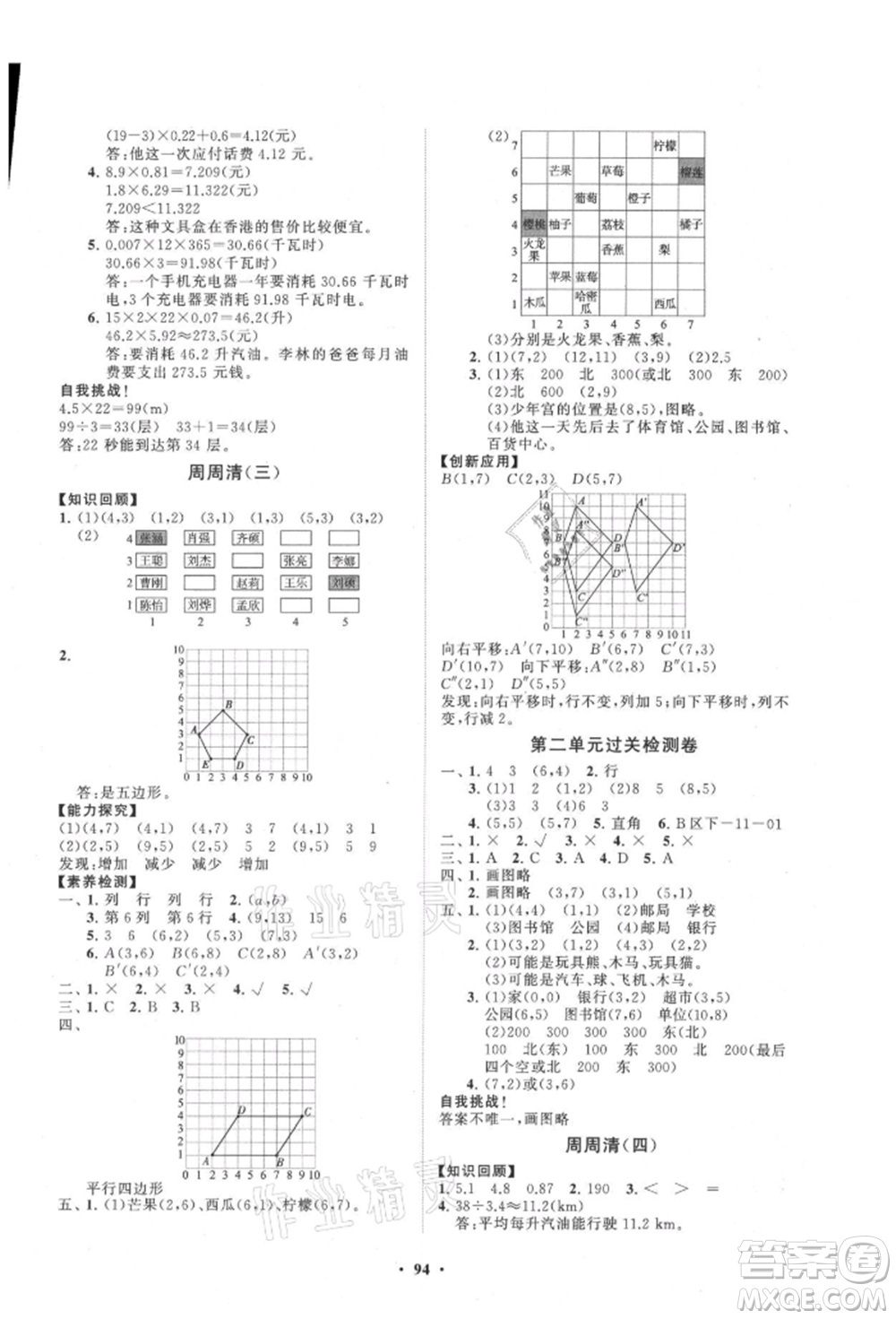 山東教育出版社2021小學(xué)同步練習(xí)冊(cè)分層卷五年級(jí)數(shù)學(xué)上冊(cè)人教版參考答案