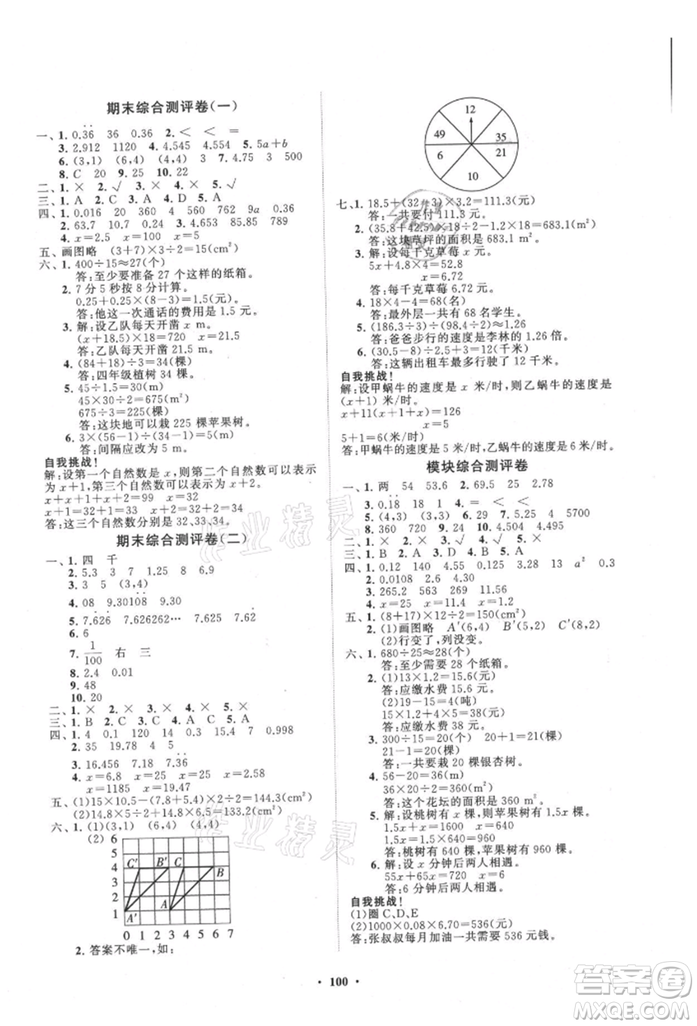 山東教育出版社2021小學(xué)同步練習(xí)冊(cè)分層卷五年級(jí)數(shù)學(xué)上冊(cè)人教版參考答案