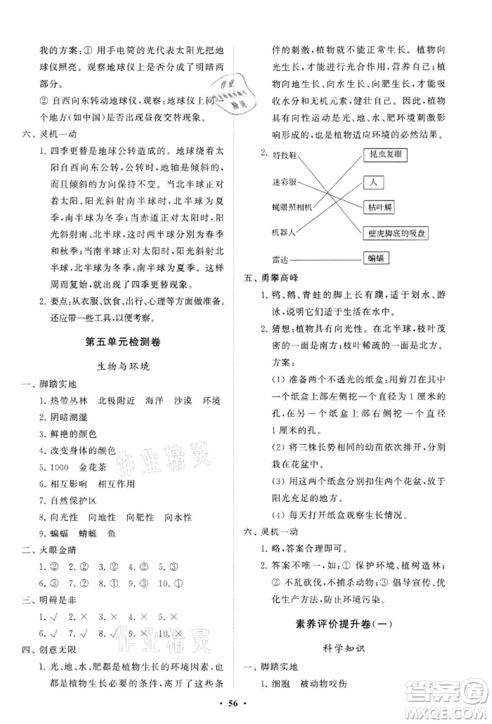 山東教育出版社2021小學(xué)同步練習(xí)冊(cè)分層卷六年級(jí)科學(xué)上冊(cè)青島版參考答案