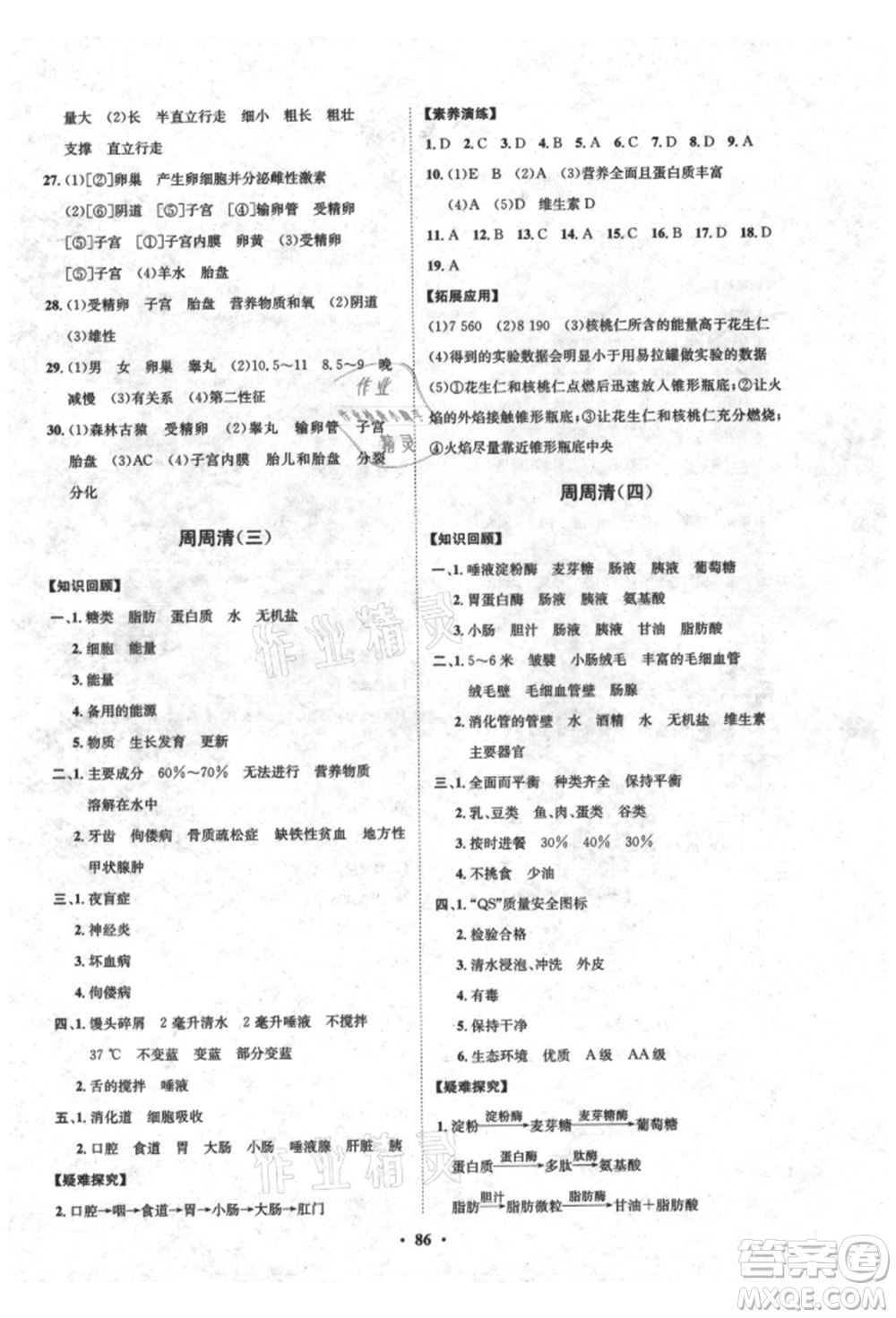 山東教育出版社2021初中同步練習(xí)冊(cè)分層卷五四制七年級(jí)生物上冊(cè)魯科版參考答案