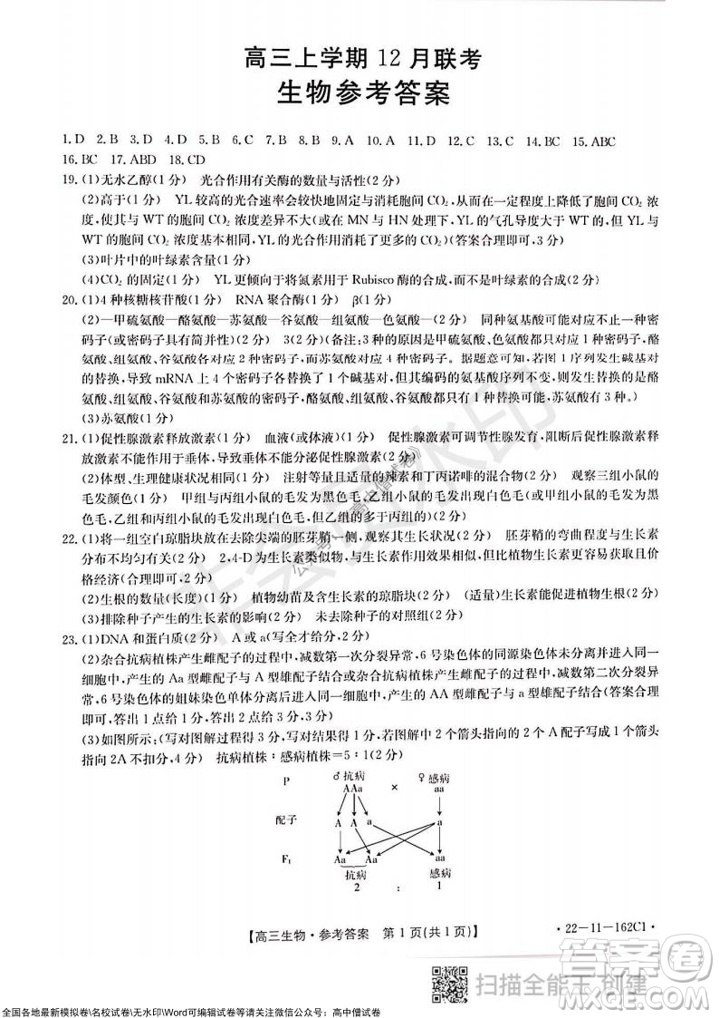 2022屆河北金太陽高三12月聯(lián)考生物試題及答案