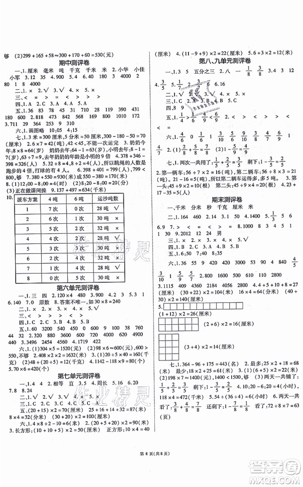 重慶出版社2021天下通課時(shí)作業(yè)本三年級數(shù)學(xué)上冊人教版答案