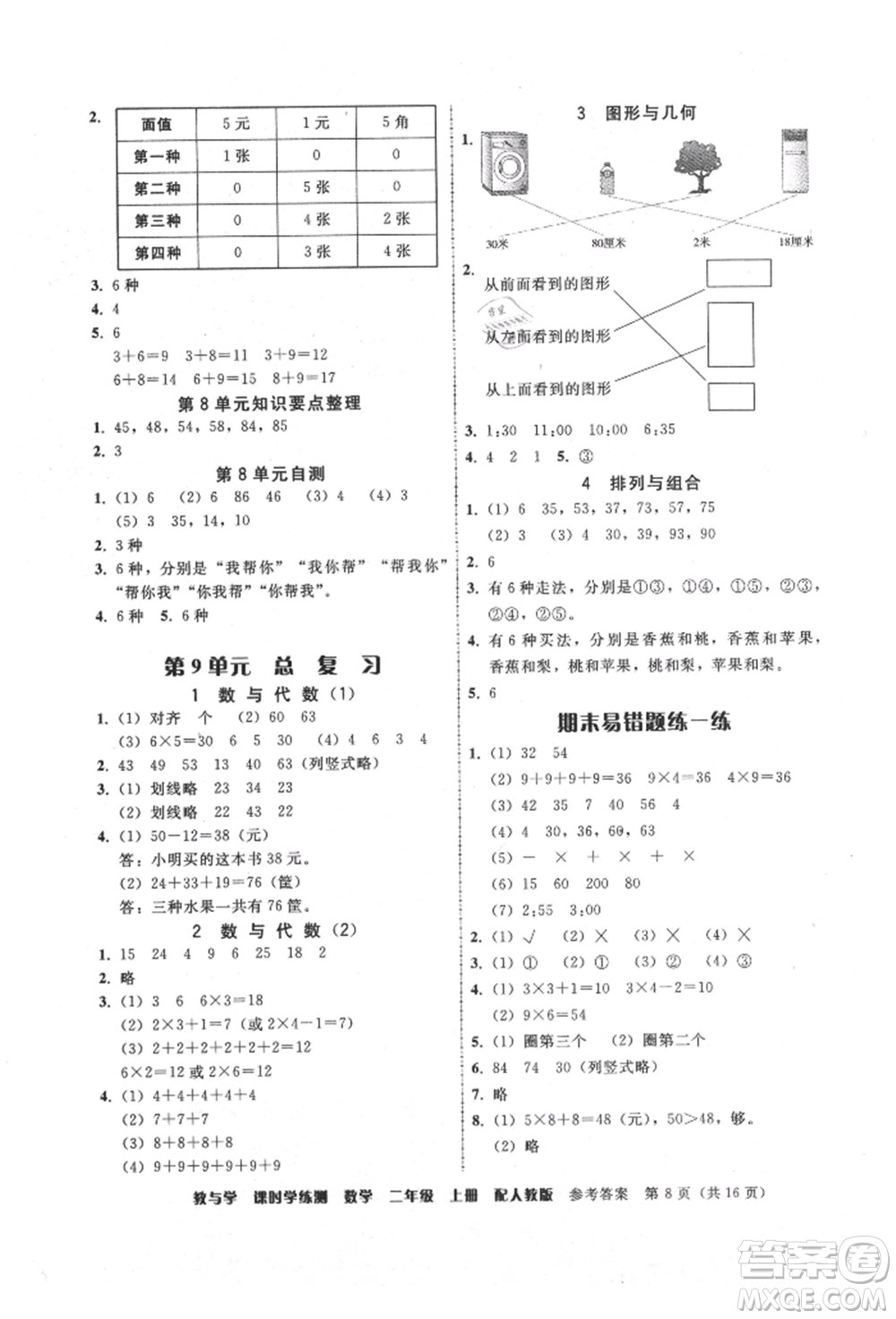 安徽人民出版社2021華翰文化教與學課時學練測二年級數(shù)學上冊人教版參考答案