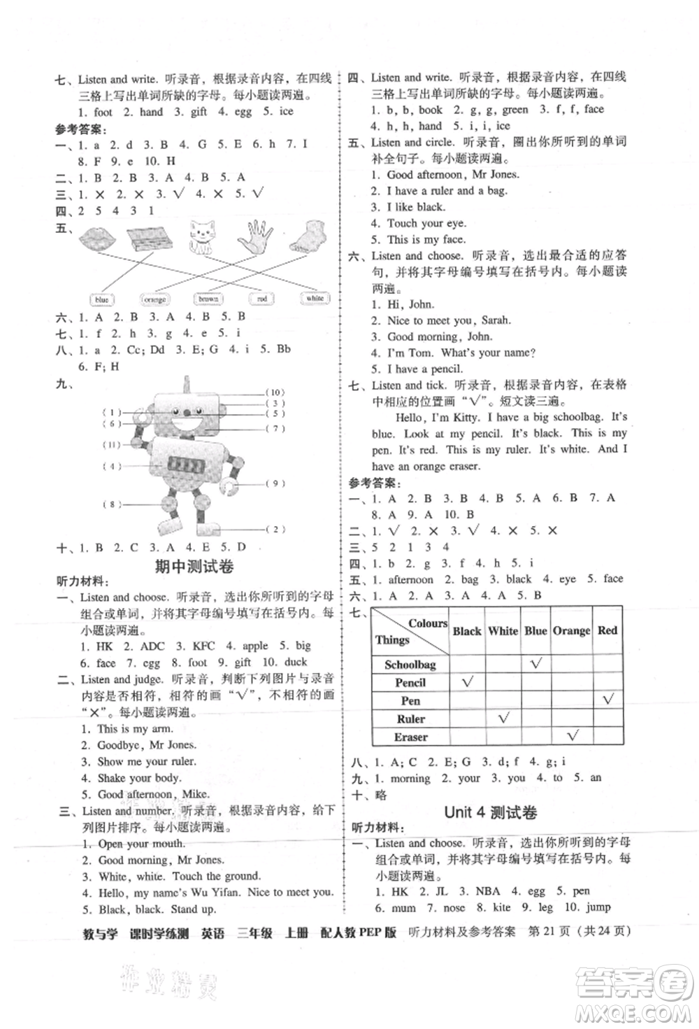 安徽人民出版社2021華翰文化教與學(xué)課時(shí)學(xué)練測(cè)三年級(jí)英語上冊(cè)人教版參考答案