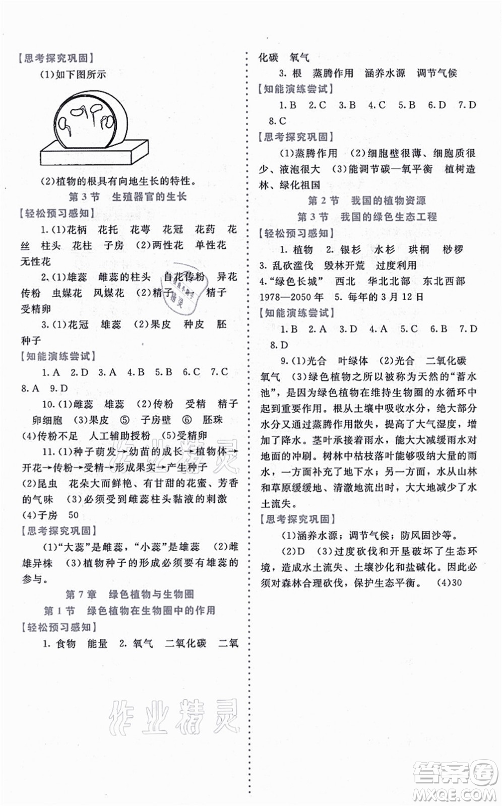 北京師范大學(xué)出版社2021課內(nèi)課外直通車七年級生物上冊北師大版福建專版答案