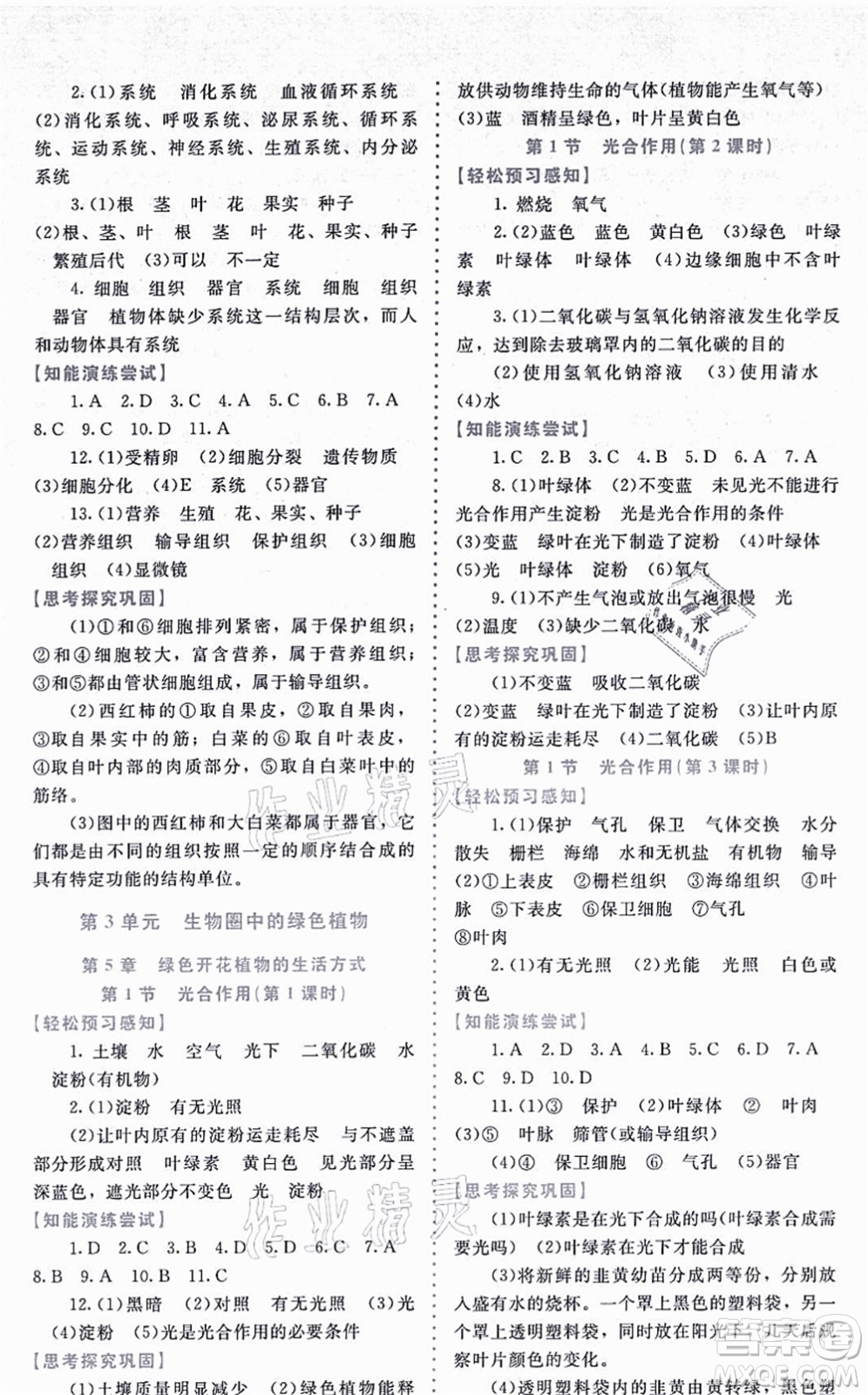 北京師范大學(xué)出版社2021課內(nèi)課外直通車七年級生物上冊北師大版福建專版答案