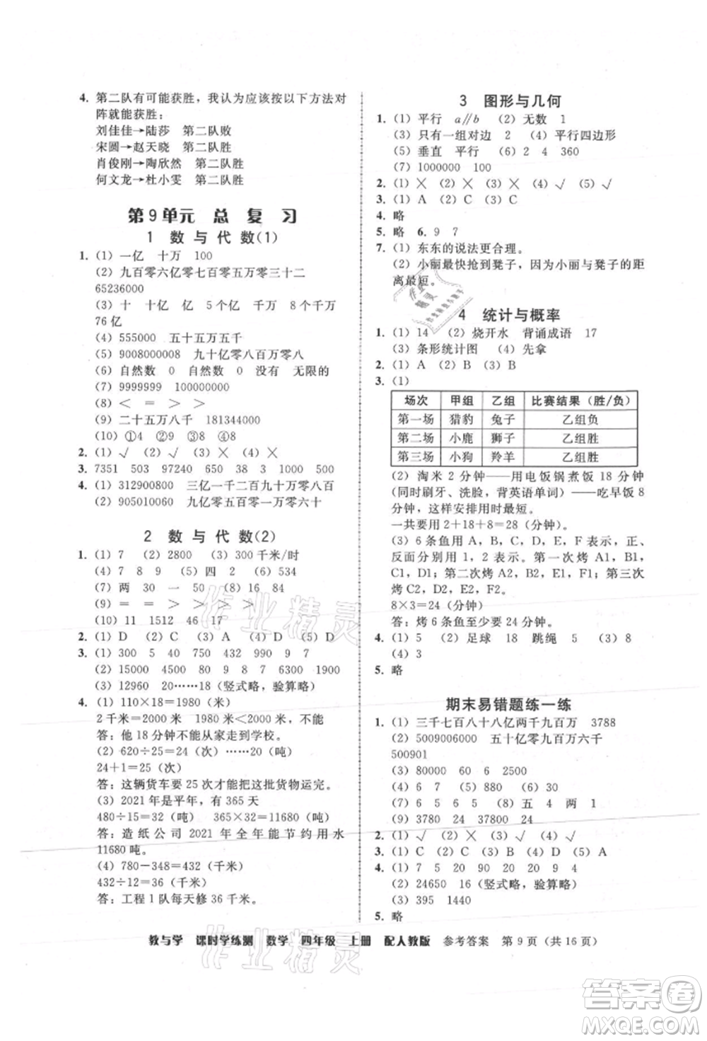 安徽人民出版社2021華翰文化教與學課時學練測四年級數學上冊人教版參考答案