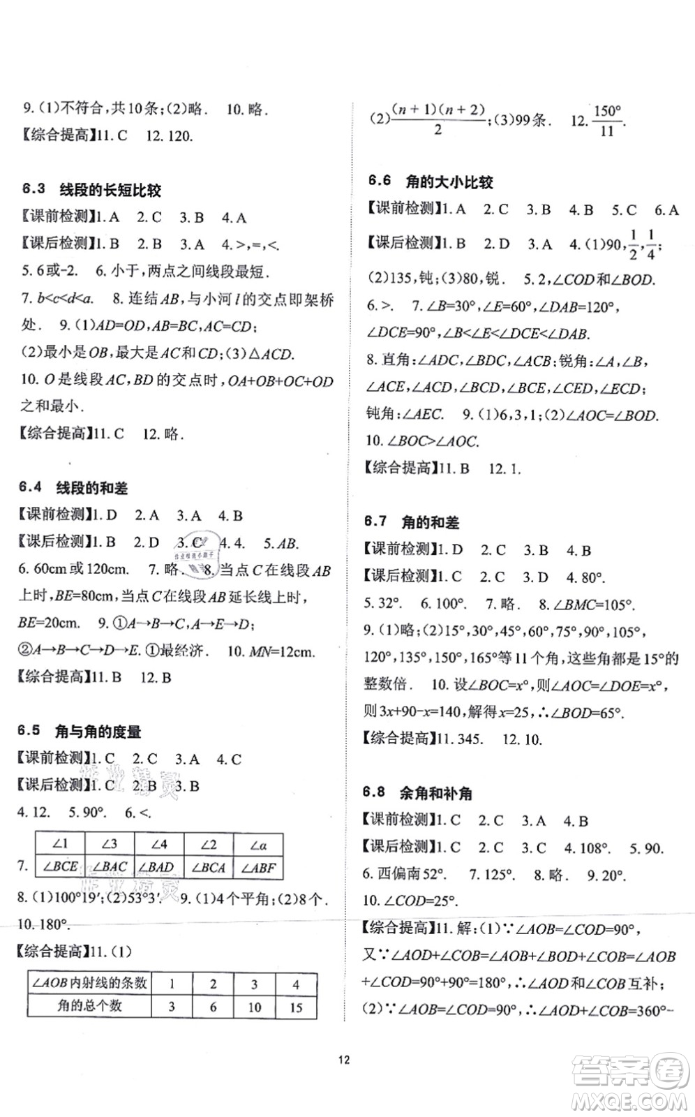 四川大學(xué)出版社2021課前課后快速檢測(cè)七年級(jí)數(shù)學(xué)上冊(cè)AB本浙教版答案