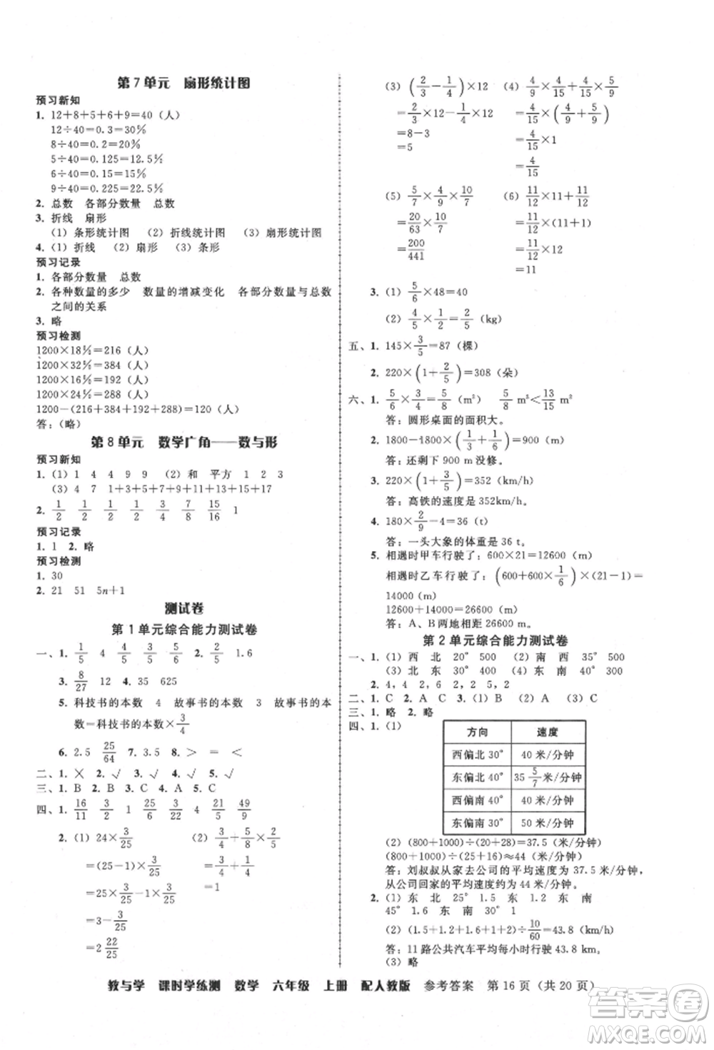 安徽人民出版社2021華翰文化教與學(xué)課時(shí)學(xué)練測(cè)六年級(jí)數(shù)學(xué)上冊(cè)人教版參考答案