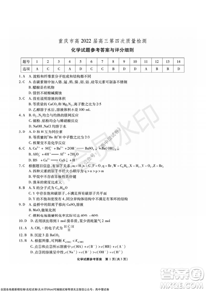 重慶市高2022屆高三第四次質(zhì)量檢測化學試題及答案