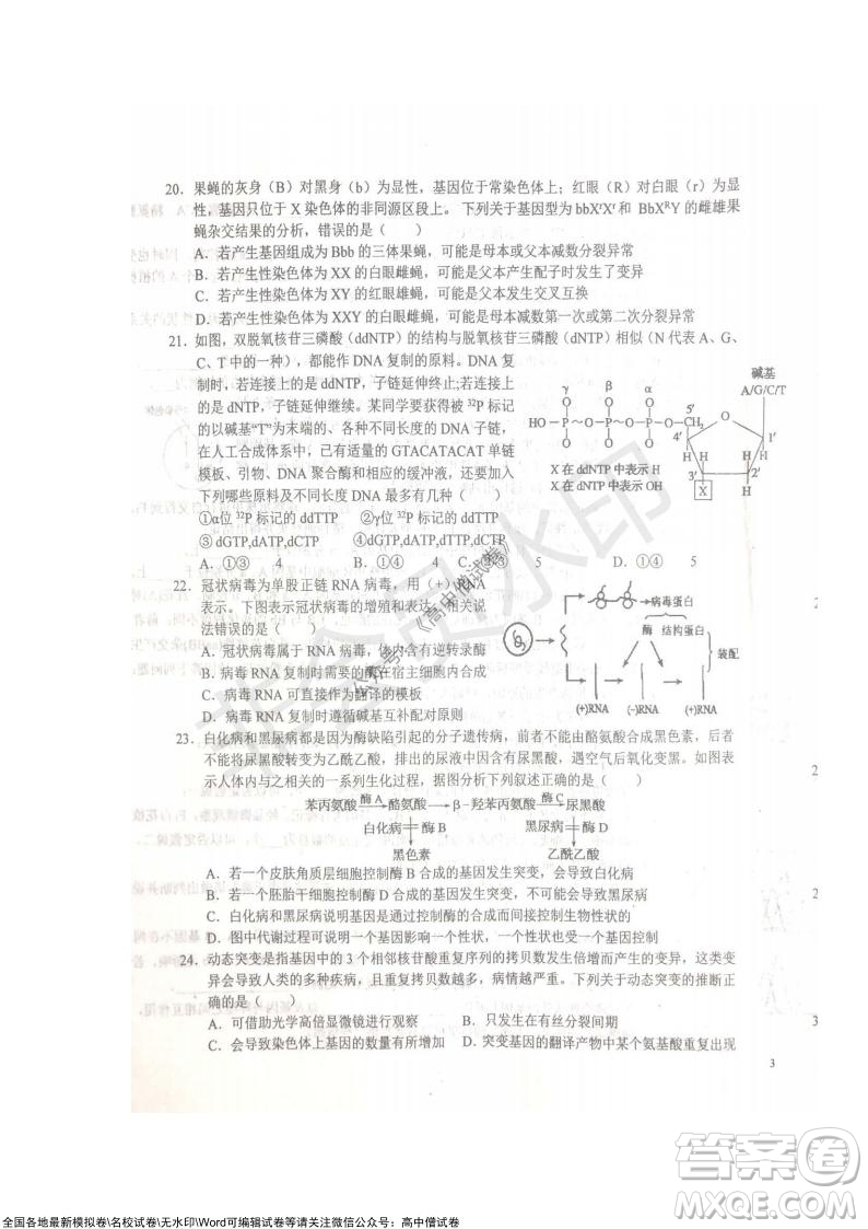 安徽六安一中學2022屆高三年級第四次月考生物試題及答案