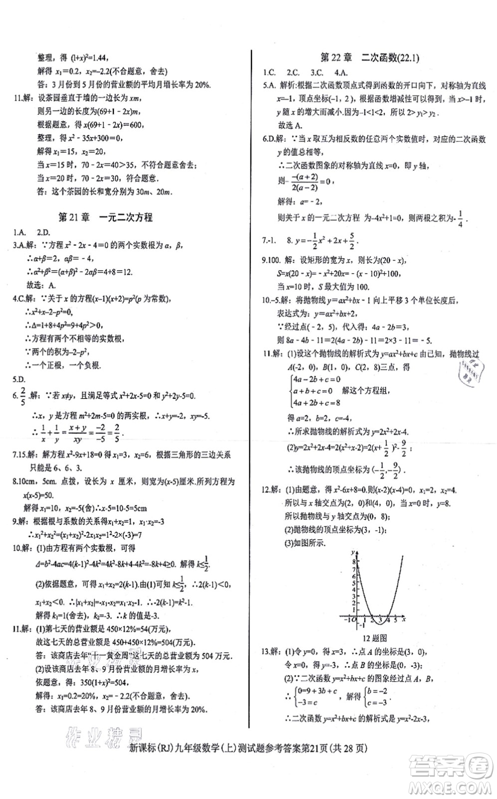 陽(yáng)光出版社2021學(xué)考2+1隨堂10分鐘平行性測(cè)試題九年級(jí)數(shù)學(xué)上冊(cè)RJ人教版答案