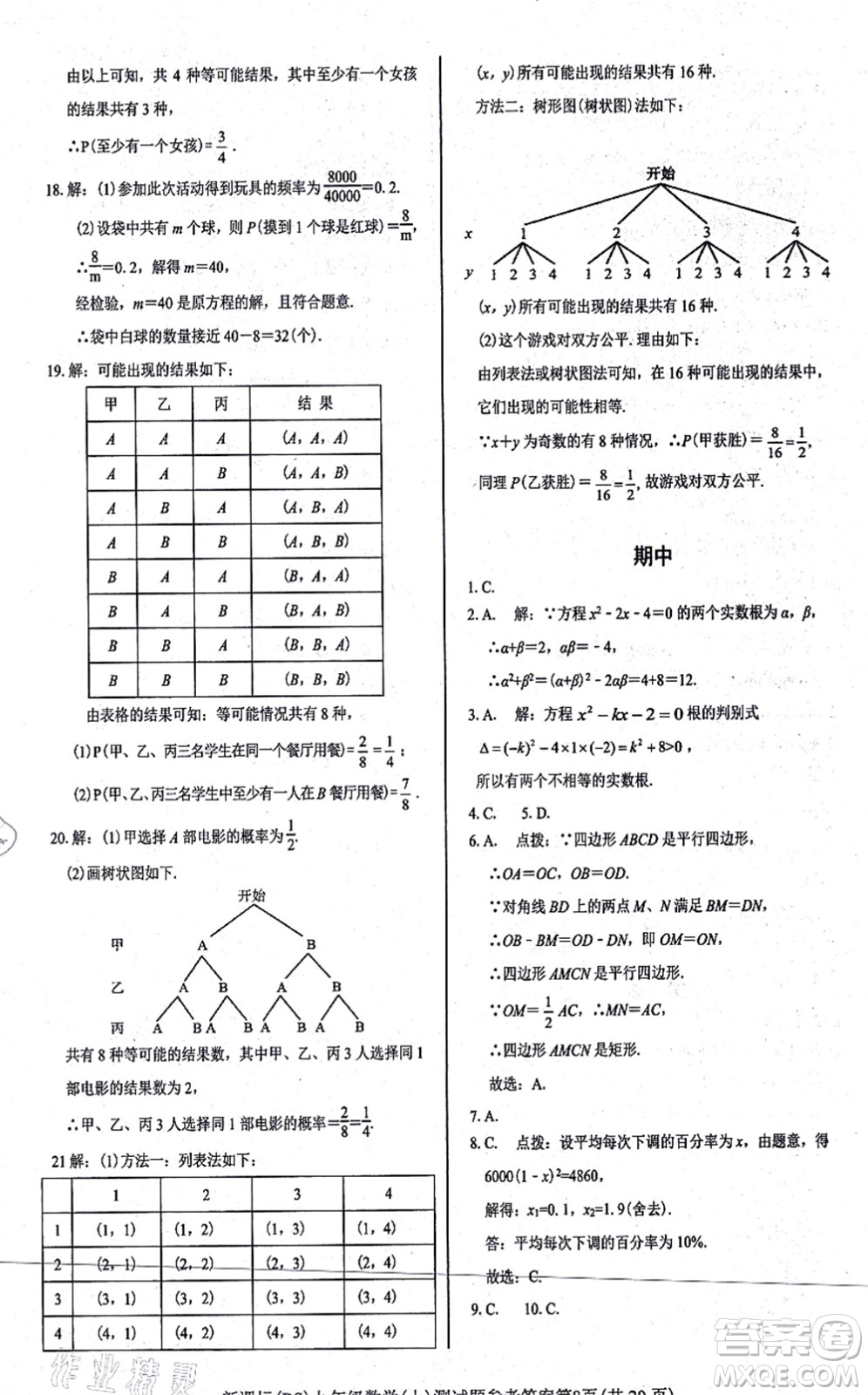 陽光出版社2021學(xué)考2+1隨堂10分鐘平行性測試題九年級數(shù)學(xué)上冊BS北師版答案