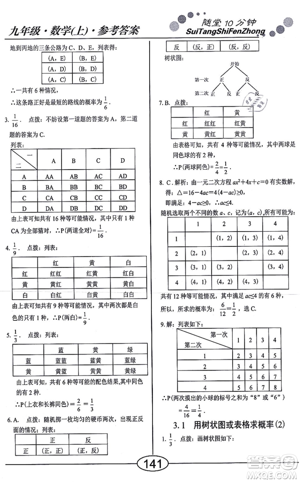 陽光出版社2021學(xué)考2+1隨堂10分鐘平行性測試題九年級數(shù)學(xué)上冊BS北師版答案