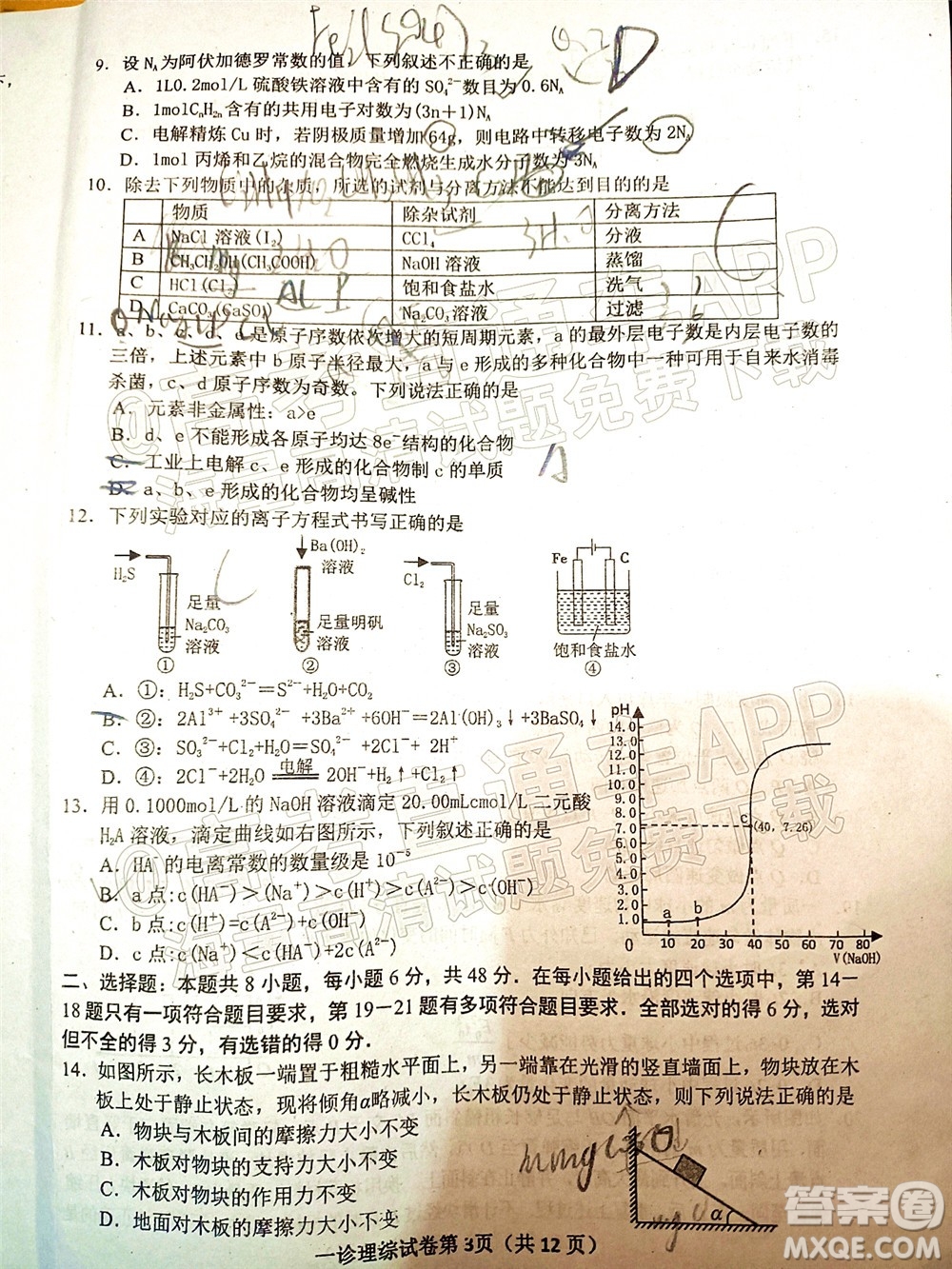 達(dá)州市普通高中2022屆第一次診斷性測試?yán)砜凭C合試題及答案