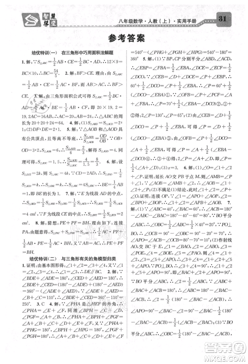 天津科學(xué)技術(shù)出版社2021智慧學(xué)堂核心素養(yǎng)提升法八年級數(shù)學(xué)上冊人教版臺州專版參考答案