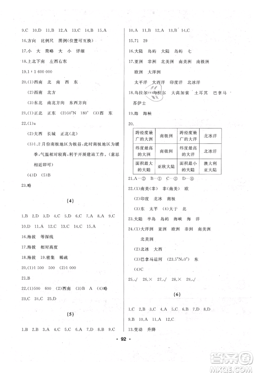 湖南地圖出版社2021試題優(yōu)化課堂同步七年級地理上冊人教版參考答案