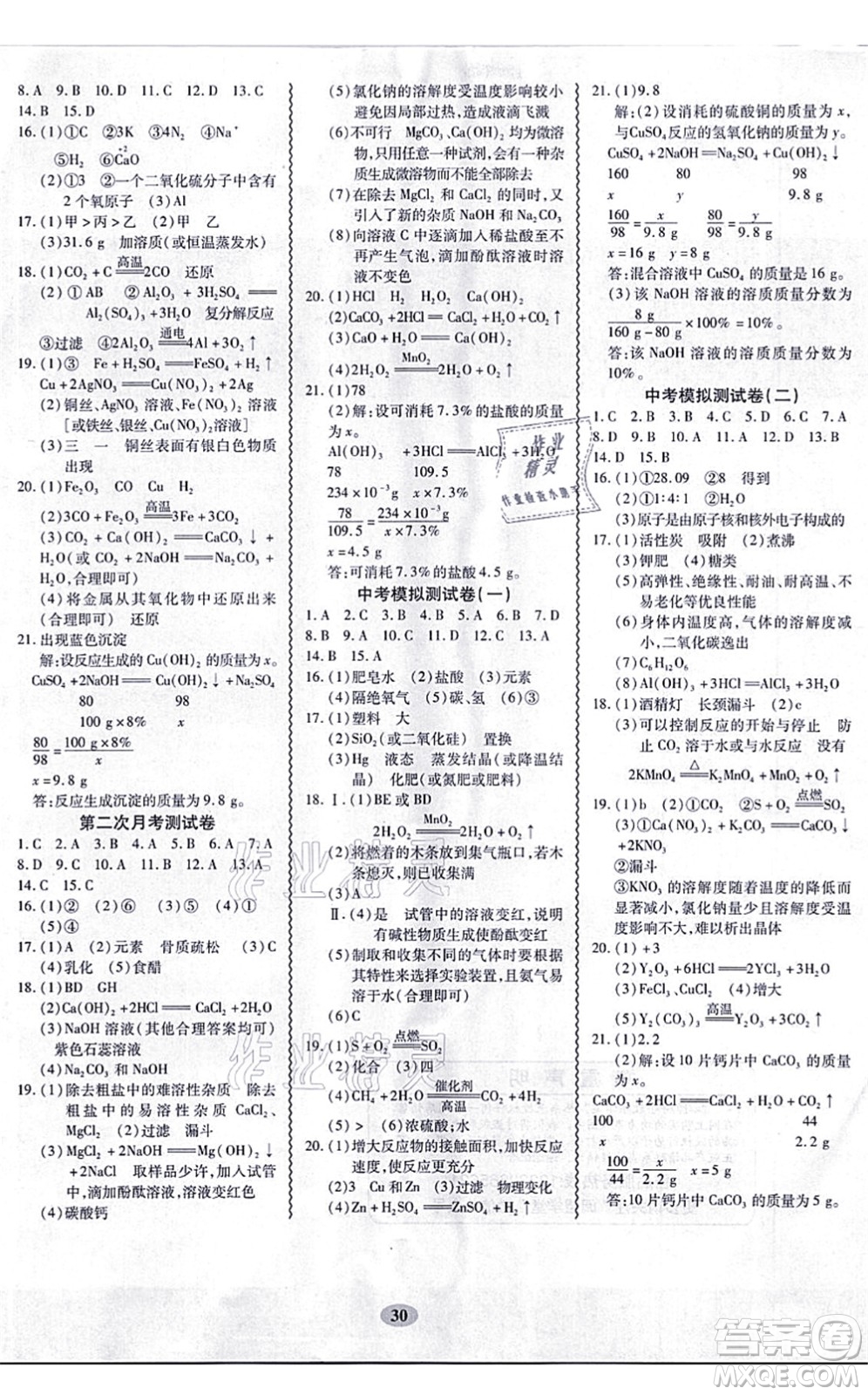 電子科技大學出版社2021零障礙導教導學案九年級化學全一冊RJHX人教版答案