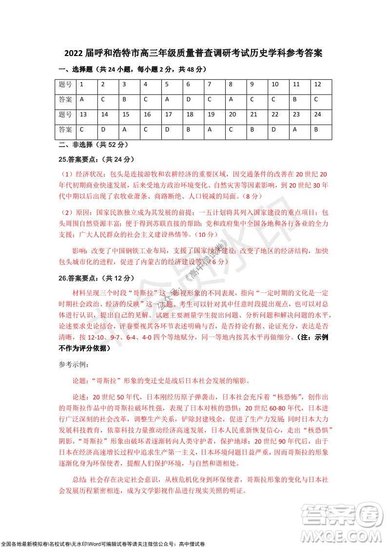 2022屆呼和浩特市高三年級質(zhì)量普查調(diào)研考試歷史試題及答案