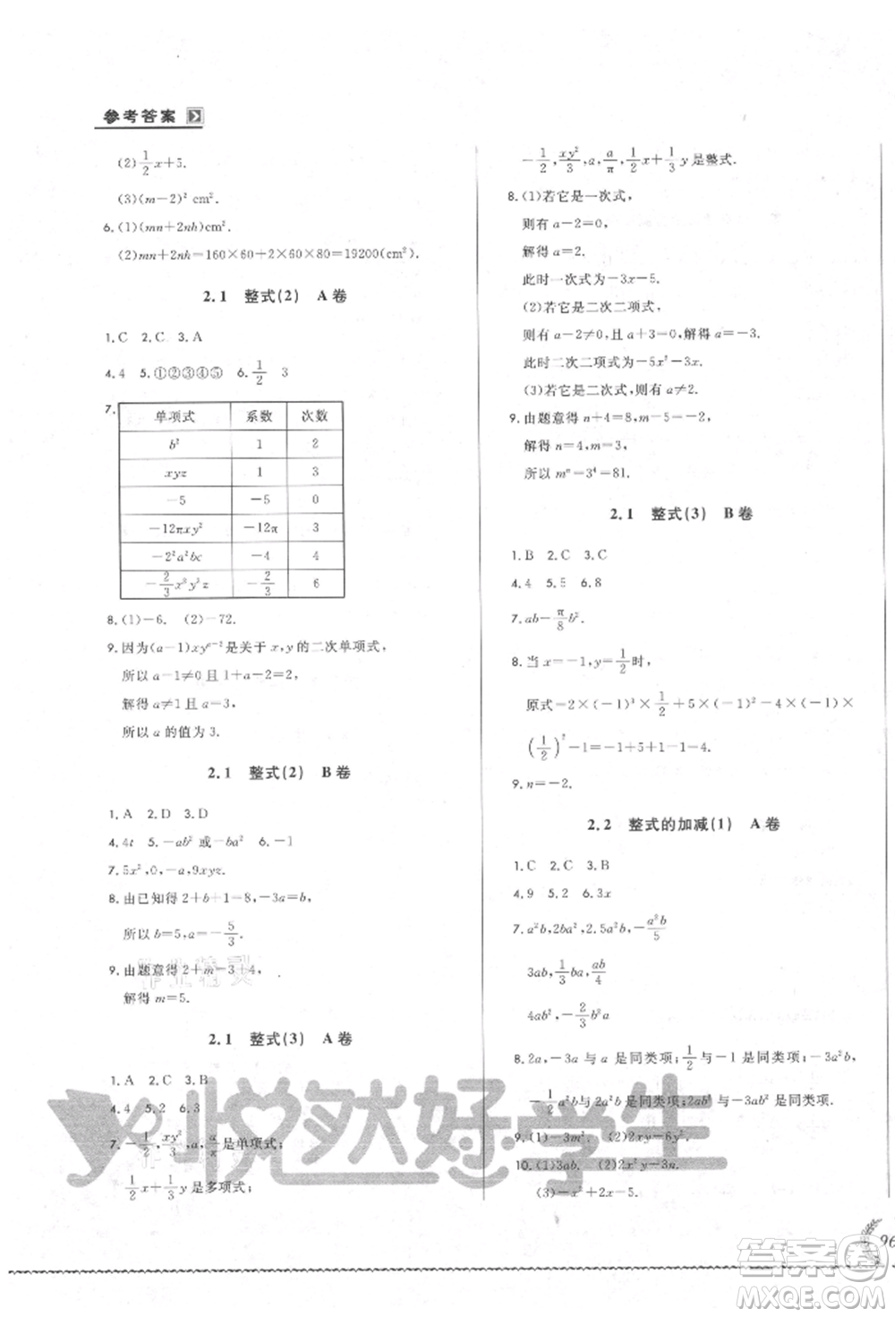 吉林教育出版社2021悅?cè)缓脤W(xué)生必開(kāi)卷七年級(jí)數(shù)學(xué)上冊(cè)人教版吉林專(zhuān)版參考答案