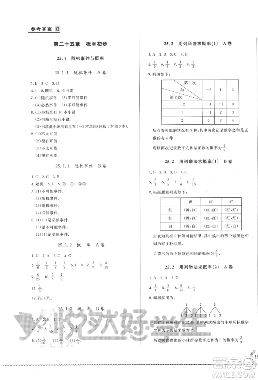 吉林教育出版社2021悅?cè)缓脤W(xué)生必開(kāi)卷九年級(jí)數(shù)學(xué)人教版吉林專版參考答案