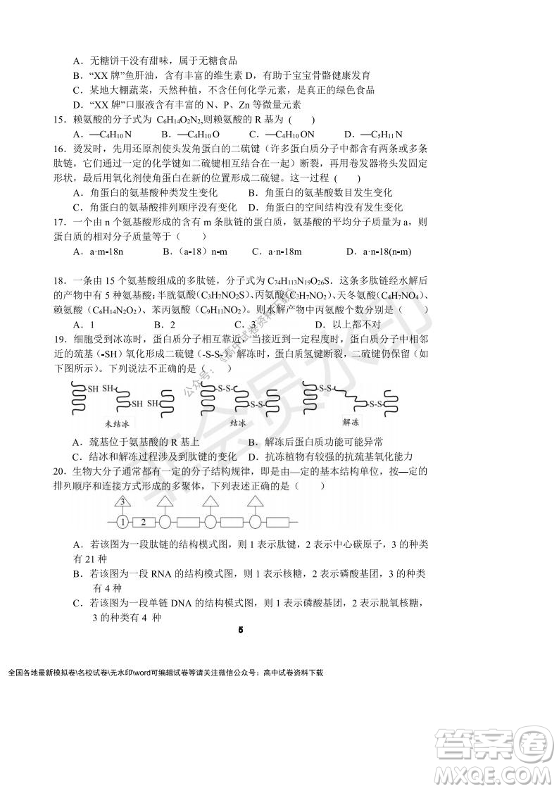 河南省頂級(jí)中學(xué)2021-2022學(xué)年高一上學(xué)期12月聯(lián)考生物試題及答案