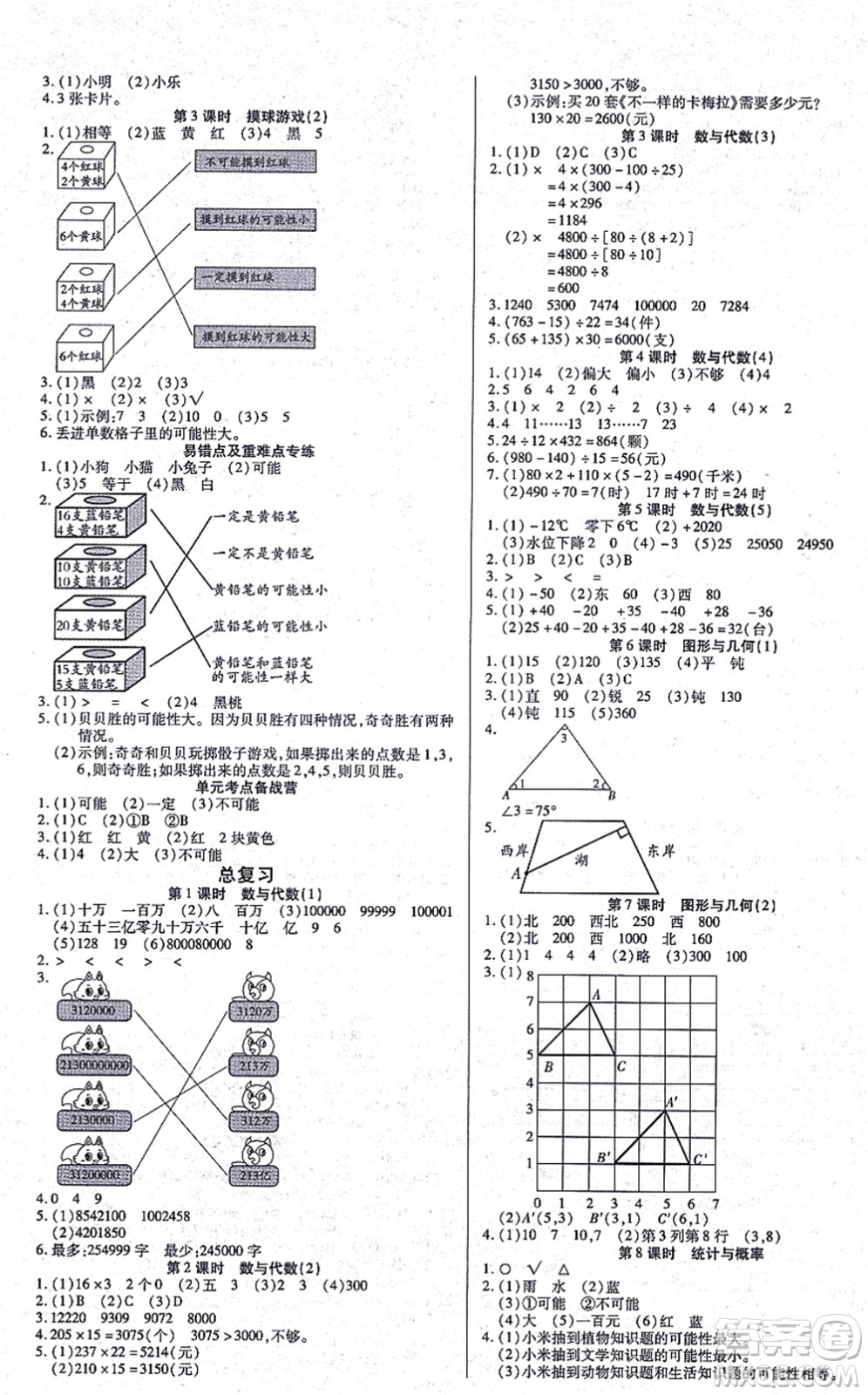 沈陽(yáng)出版社2021培優(yōu)三好生課時(shí)作業(yè)四年級(jí)數(shù)學(xué)上冊(cè)B北師版福建專版答案