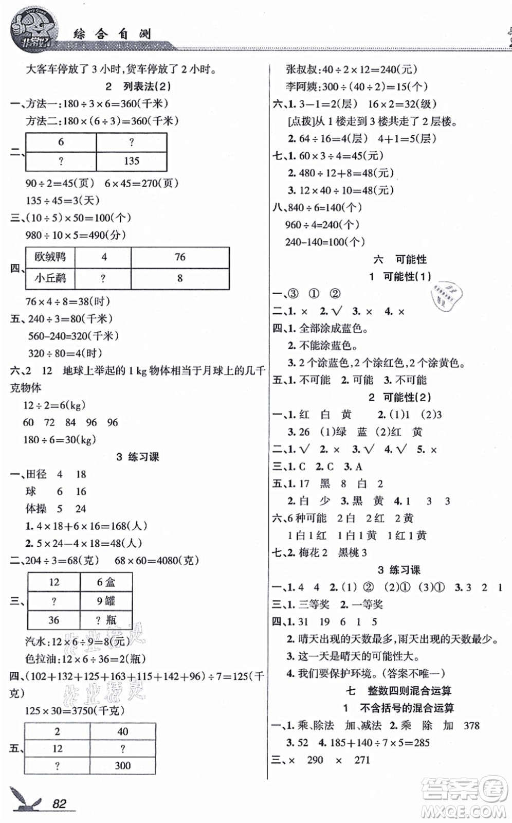 湖南教育出版社2021綜合自測四年級數(shù)學上冊蘇教版答案