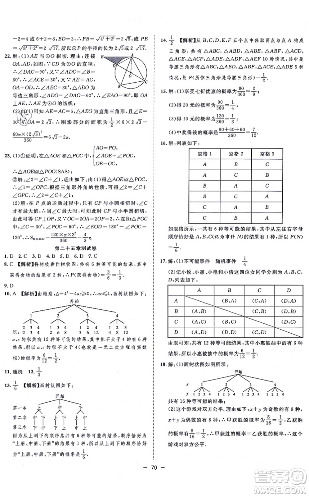 合肥工業(yè)大學(xué)出版社2021全頻道課時(shí)作業(yè)九年級(jí)數(shù)學(xué)上冊RJ人教版答案