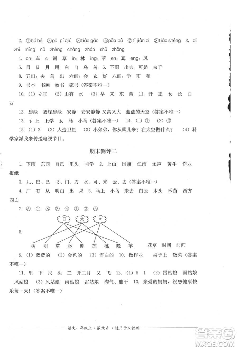 四川教育出版社2021單元測(cè)評(píng)一年級(jí)語文上冊(cè)人教版參考答案