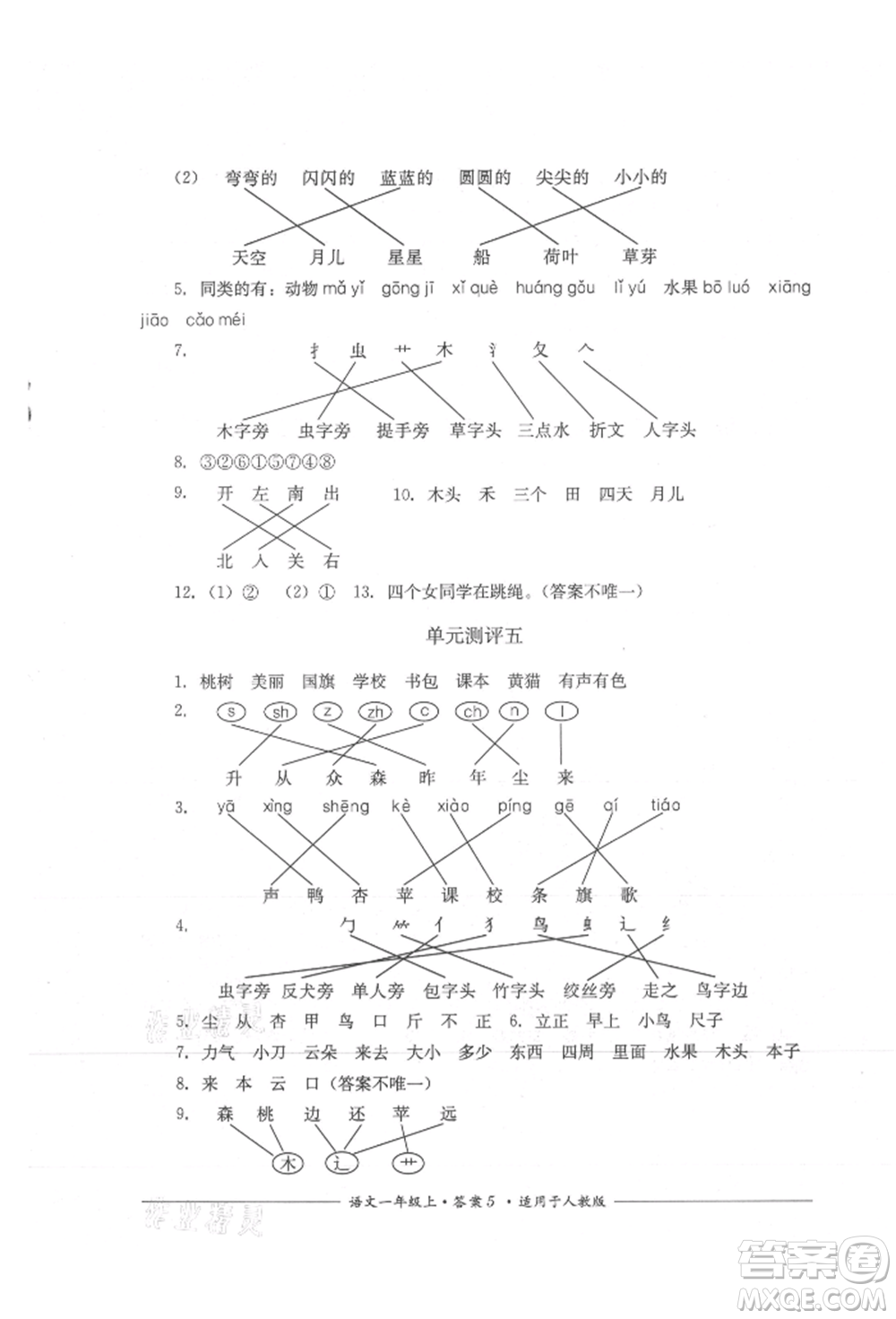 四川教育出版社2021單元測(cè)評(píng)一年級(jí)語文上冊(cè)人教版參考答案