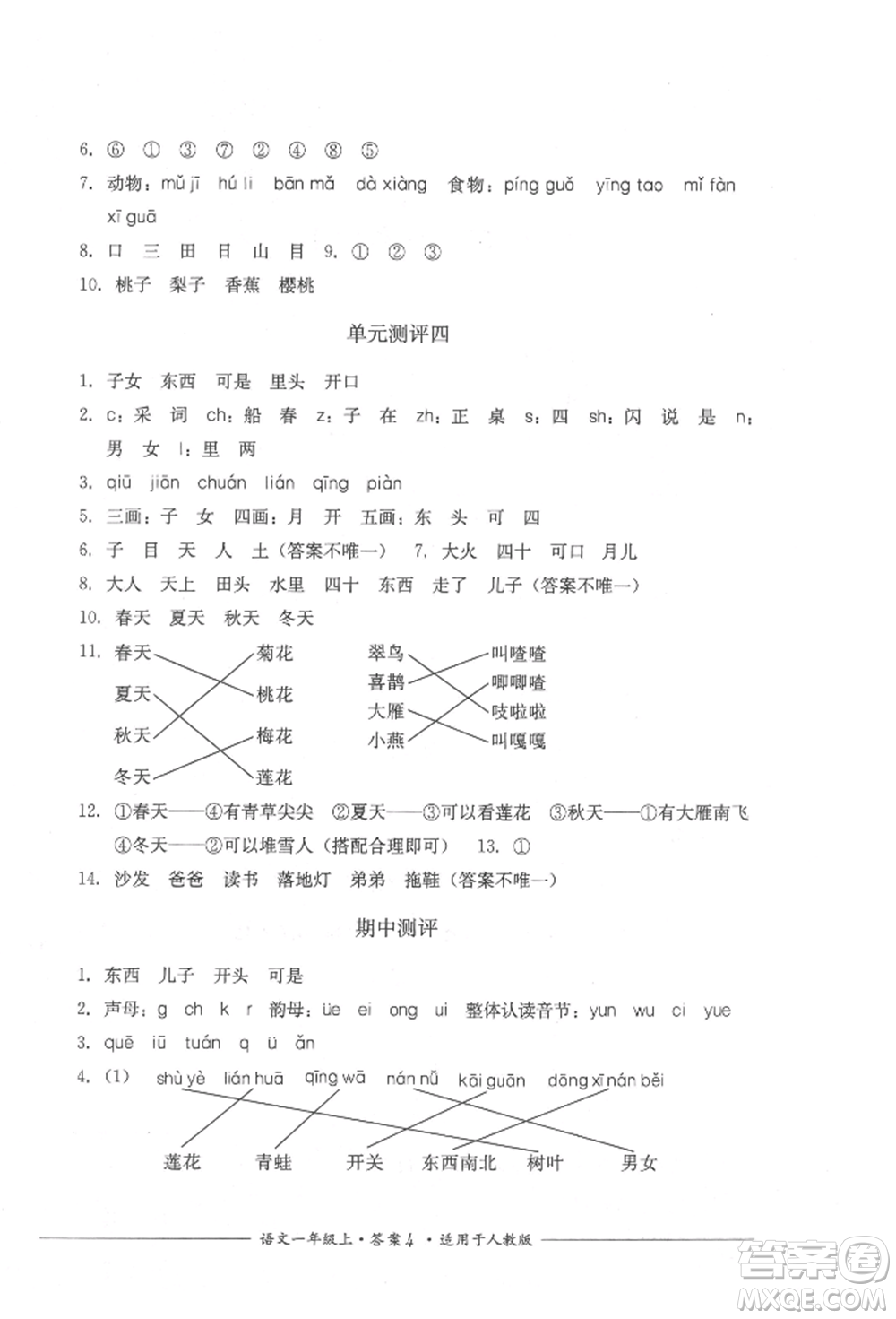 四川教育出版社2021單元測(cè)評(píng)一年級(jí)語文上冊(cè)人教版參考答案