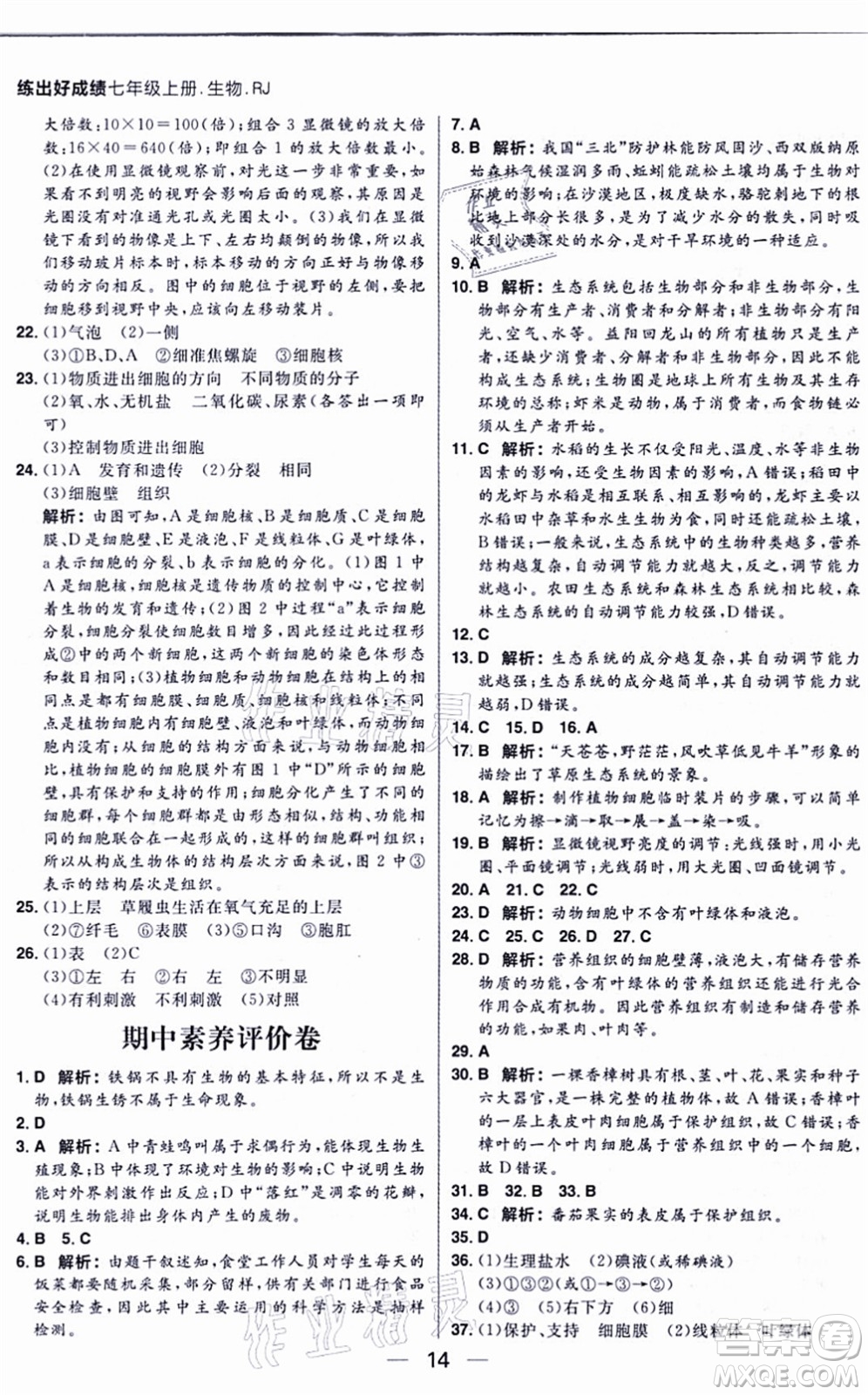 南方出版社2021練出好成績(jī)七年級(jí)生物上冊(cè)RJ人教版答案