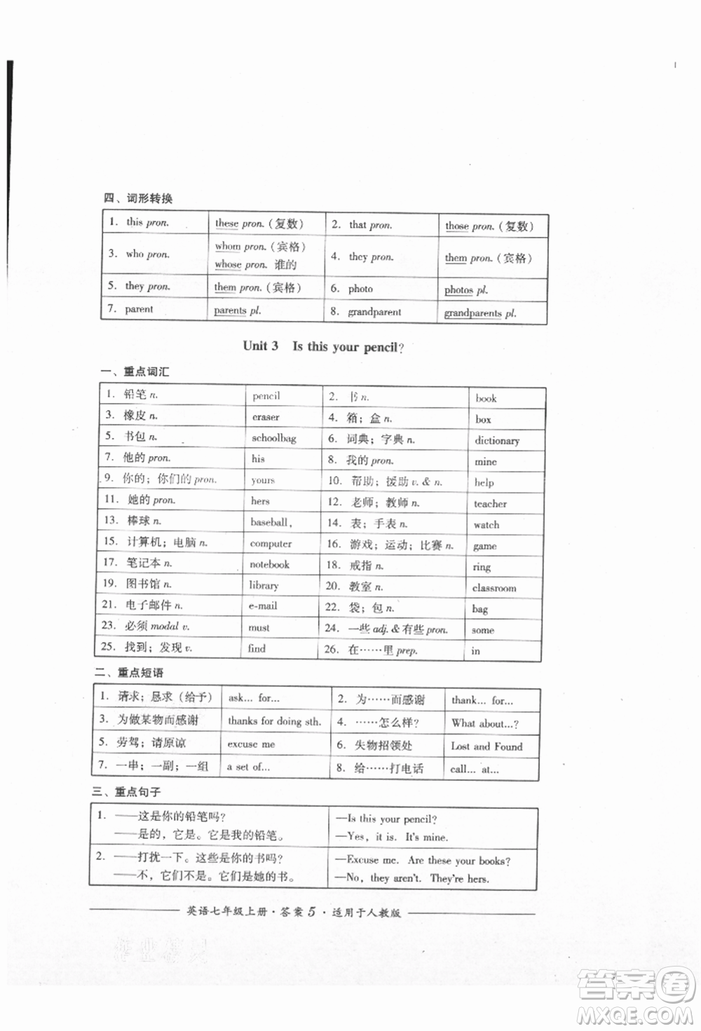 四川教育出版社2021單元測(cè)評(píng)七年級(jí)英語上冊(cè)人教版參考答案