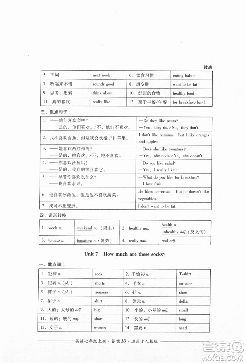 四川教育出版社2021單元測(cè)評(píng)七年級(jí)英語上冊(cè)人教版參考答案