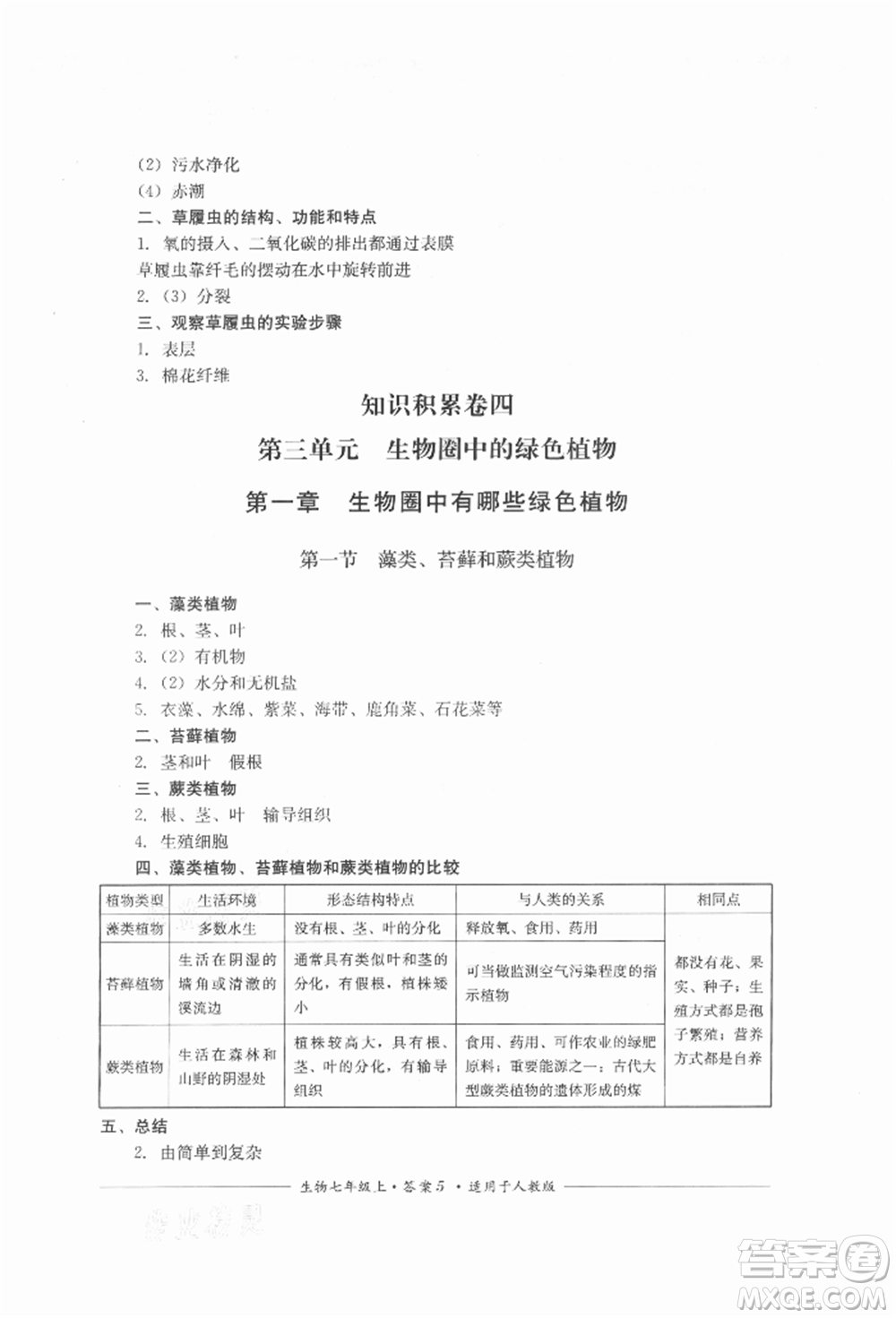 四川教育出版社2021單元測(cè)評(píng)七年級(jí)生物上冊(cè)人教版參考答案