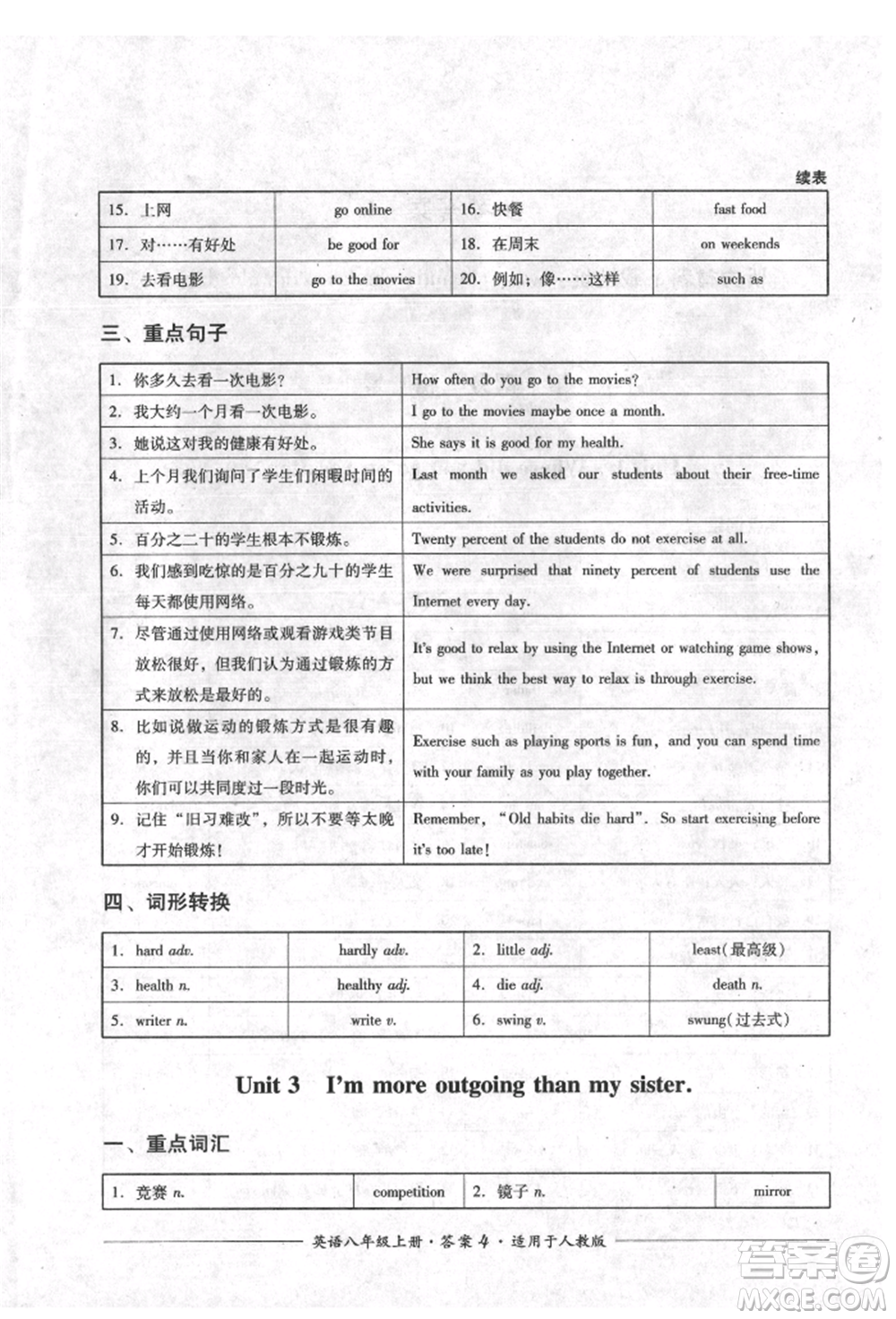 四川教育出版社2021單元測評八年級英語上冊人教版參考答案