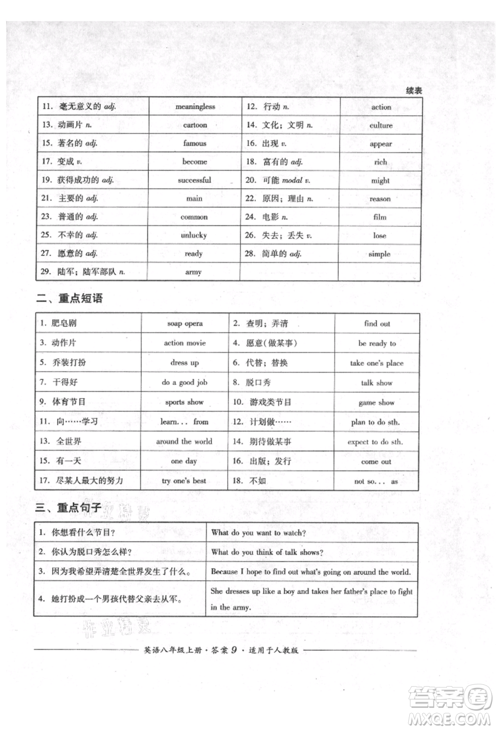 四川教育出版社2021單元測評八年級英語上冊人教版參考答案