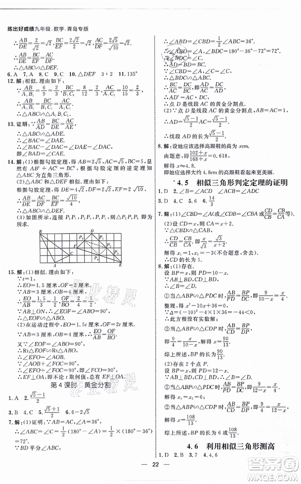 南方出版社2021練出好成績九年級數(shù)學(xué)全一冊北師大版青島專版答案